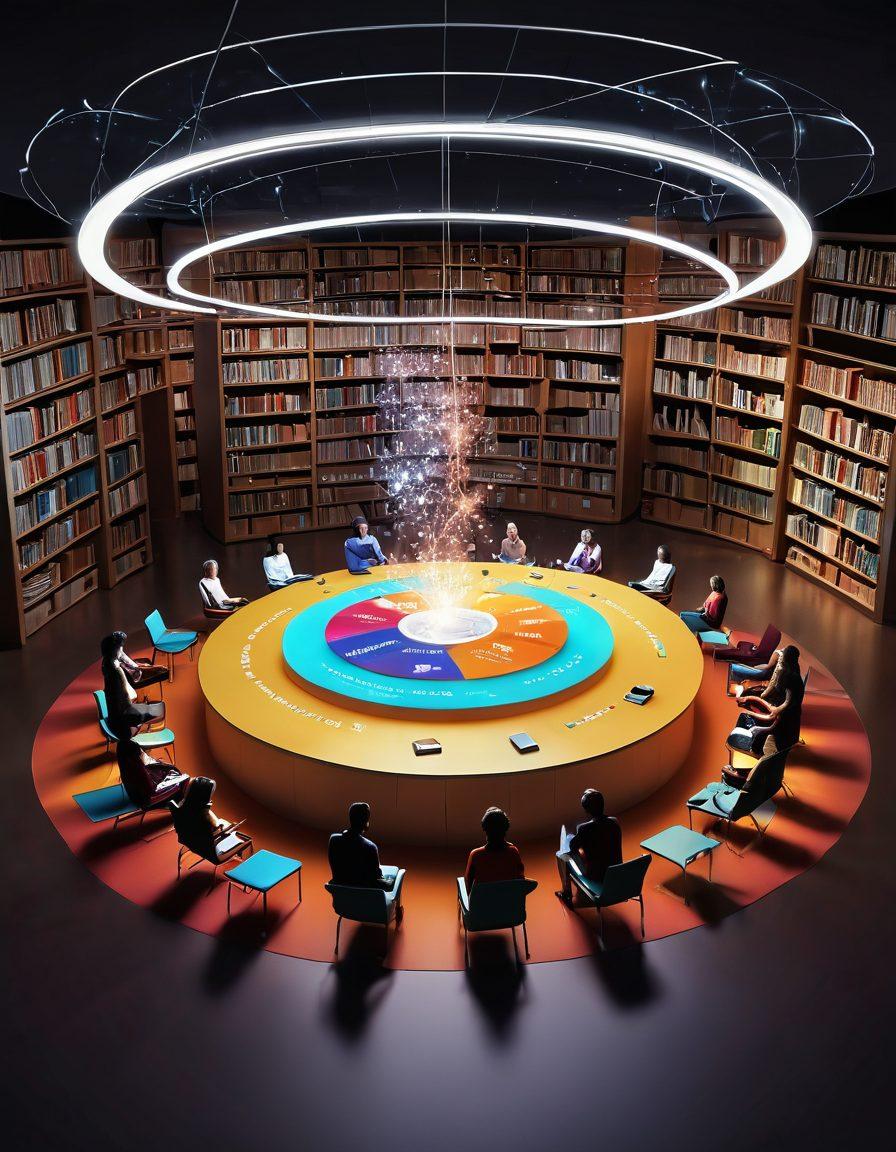 A vibrant digital landscape showcasing a library filled with overflowing books, transitioning into a lively dialogue platform with diverse individuals engaged in conversation around a glowing circular table. Include subtle connections like text bubbles and lines to signify the flow of ideas and community. Incorporate warm colors to evoke a sense of connection and inclusivity. super-realistic. vibrant colors. 3D.