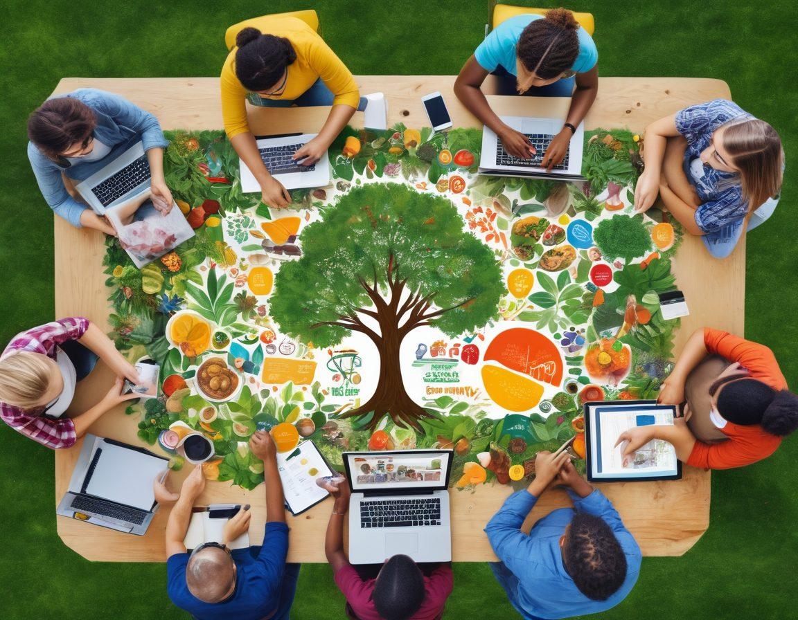 A vibrant collage depicting diverse community members engaging in collaborative activities like a group meeting, children playing, and volunteers distributing food. Incorporate elements representing digital content management like laptops and tablets, with abstract icons showing teamwork and communication. The atmosphere should radiate warmth, inclusivity, and positivity. Include lush greenery in a park setting to symbolize growth and unity. super-realistic. vibrant colors.