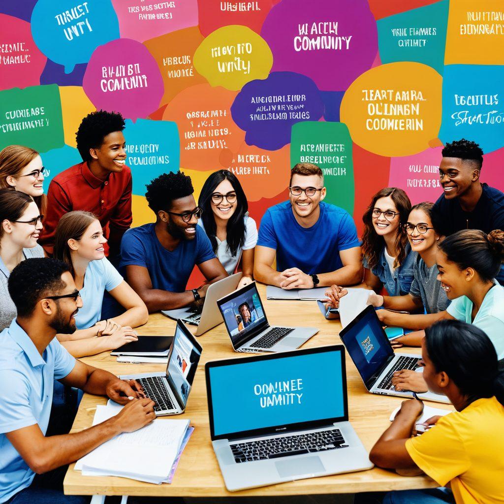 A diverse group of volunteers of different ages and ethnicities, engaged in a lively discussion around a table filled with laptops and notebooks, showcasing their online content strategy for a nonprofit. The background features a colorful community mural that represents unity and empowerment, with uplifting quotes scattered throughout. Bright and inviting colors enhance the sense of community and collaboration. modern illustration. vibrant colors. 3D.